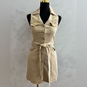 Sleeveless Button-Front Tan Shirtwaist Denim Dress with Waist Tie